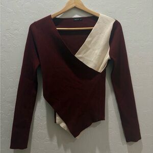 MOTF Burgundy and Cream Asymmetrical Top